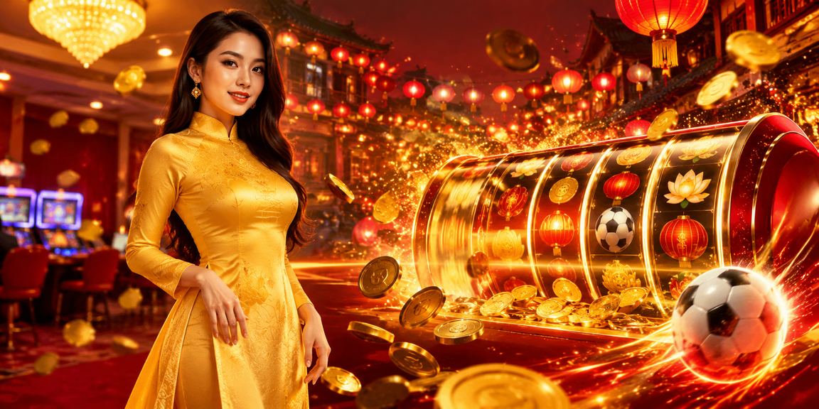 Cô gái áo dài Hội An trải nghiệm slot game trên điện thoại trong không gian đêm lãng mạn
