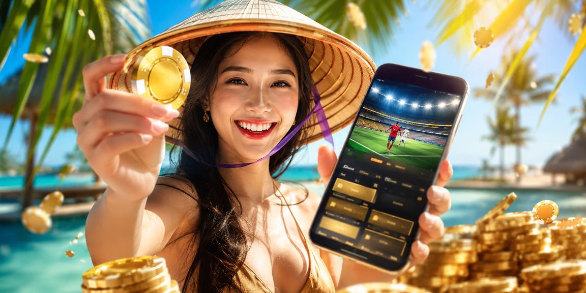 Người chơi đội nón lá tại Phú Quốc dùng điện thoại xem kèo thể thao bên bờ biển